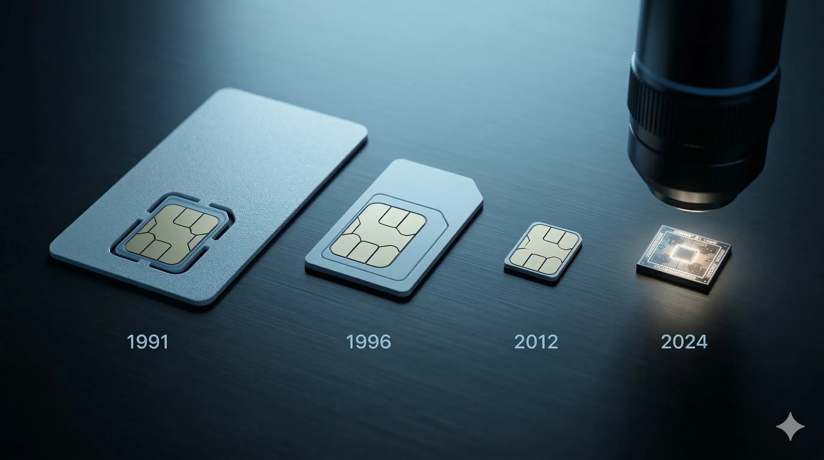 Size comparison showing a full-size SIM card from 1991, a mini-SIM from 1996, a nano-SIM from 2012, and a microscopic iSIM chip from 2024