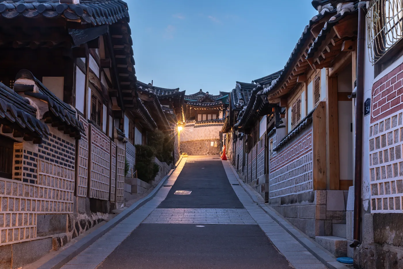 Traditional hanok houses along Bukchon-ro 11-gil in Seoul at blue hour