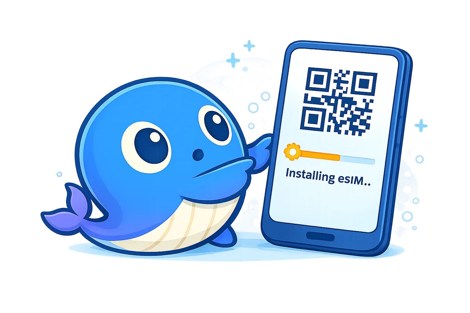 Illustration of a phone scanning a QR code to install an eSIM profile