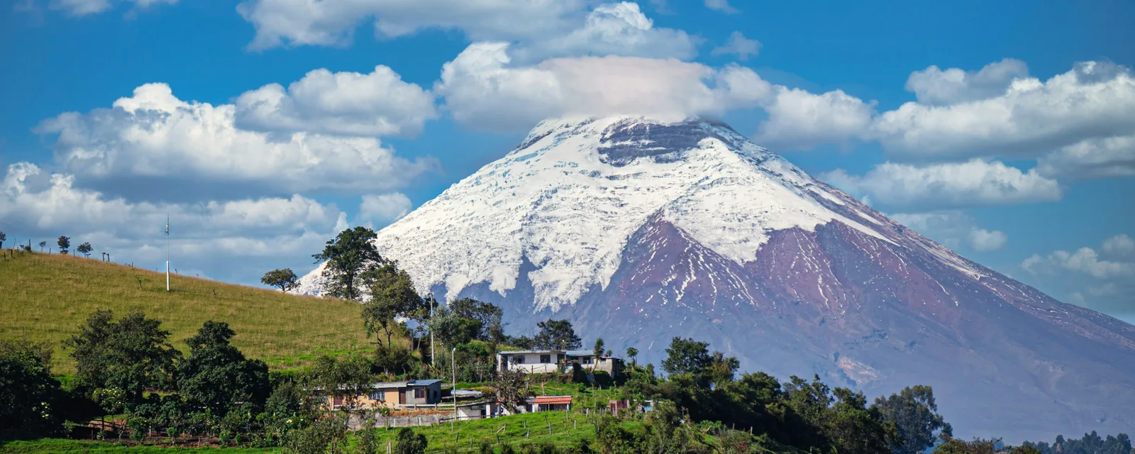 Snow-covered Cotopaxi above green countryside, Ecuador