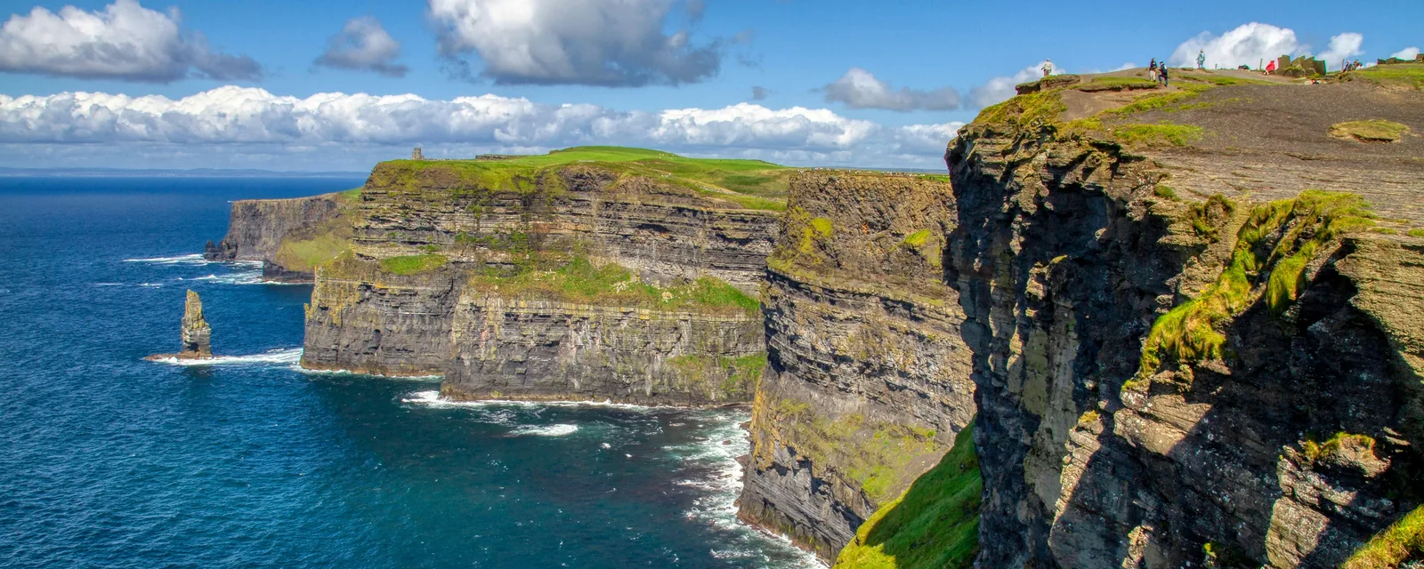 Sunlit Cliffs of Moher rising above the Atlantic in County Clare, Ireland