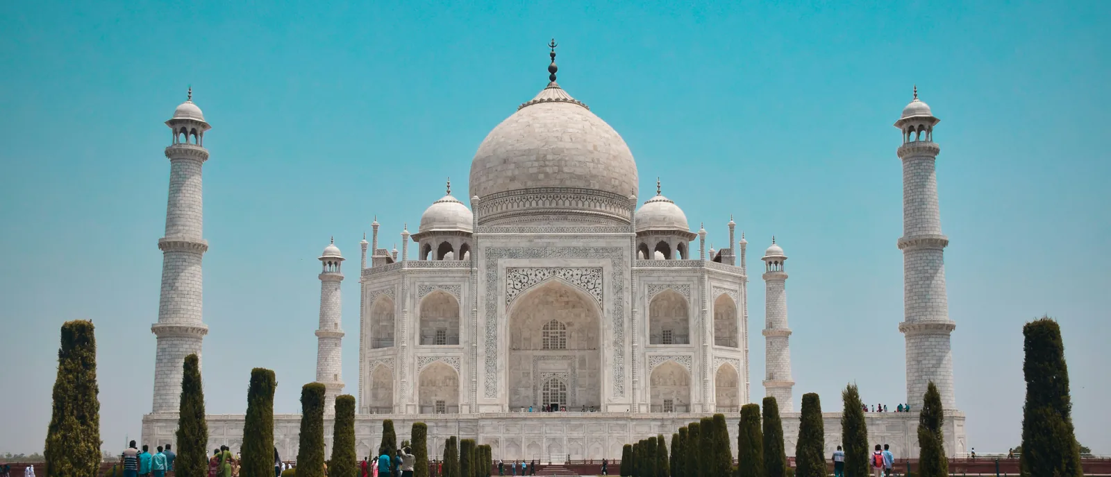 The Taj Mahal and its minarets above the gardens at Agra, India