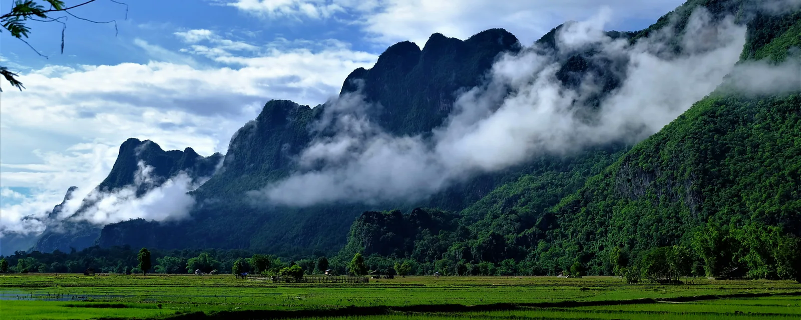 Limestone mountains rising above green rice fields in southern Laos
