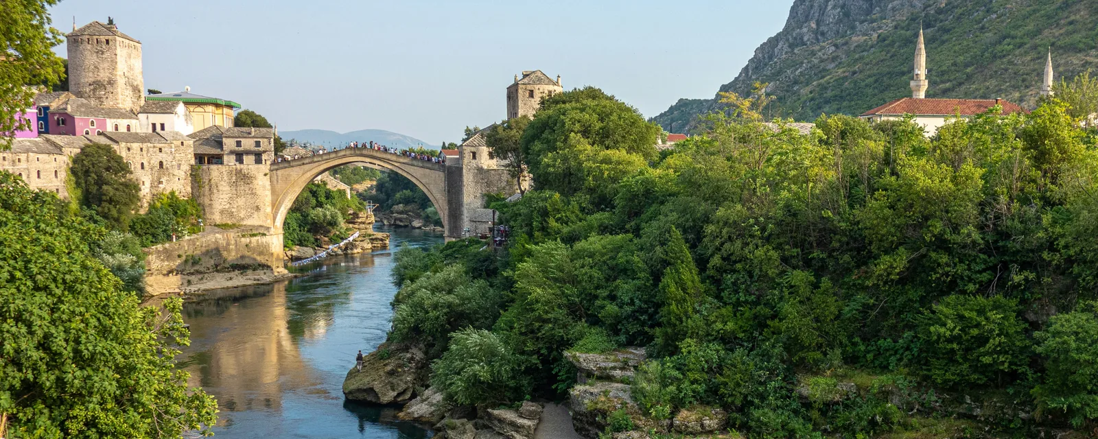Stari Most bridge over the turquoise Neretva River in Mostar, Bosnia and Herzegovina