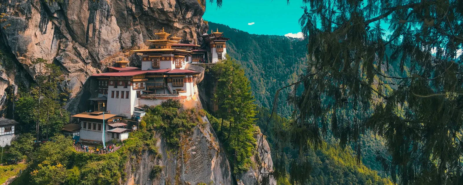 Tiger's Nest Monastery on forested cliffs in Paro, Bhutan