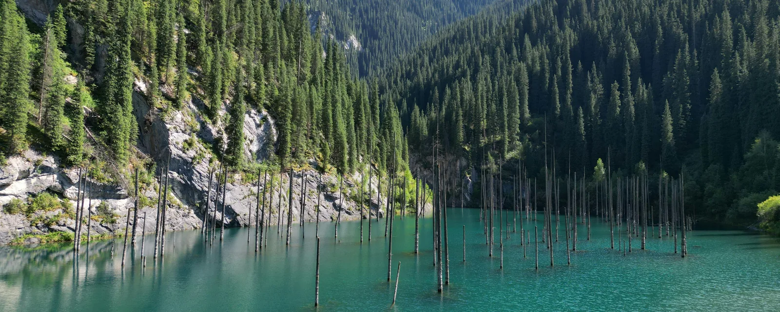Turquoise Lake Kaindy and its submerged forest in Kazakhstan