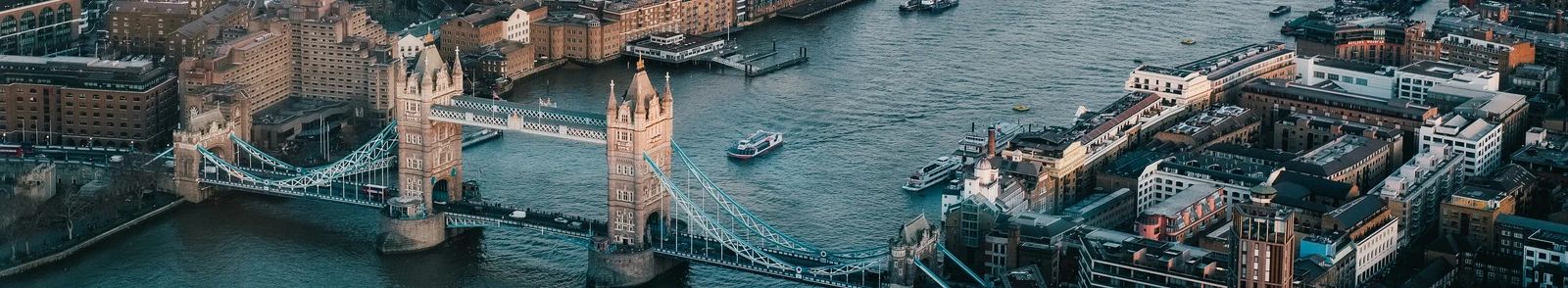 Tower Bridge and the winding River Thames seen from The Shard, London