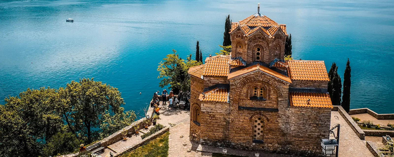 Saint John at Kaneo church above the blue water of Lake Ohrid, North Macedonia