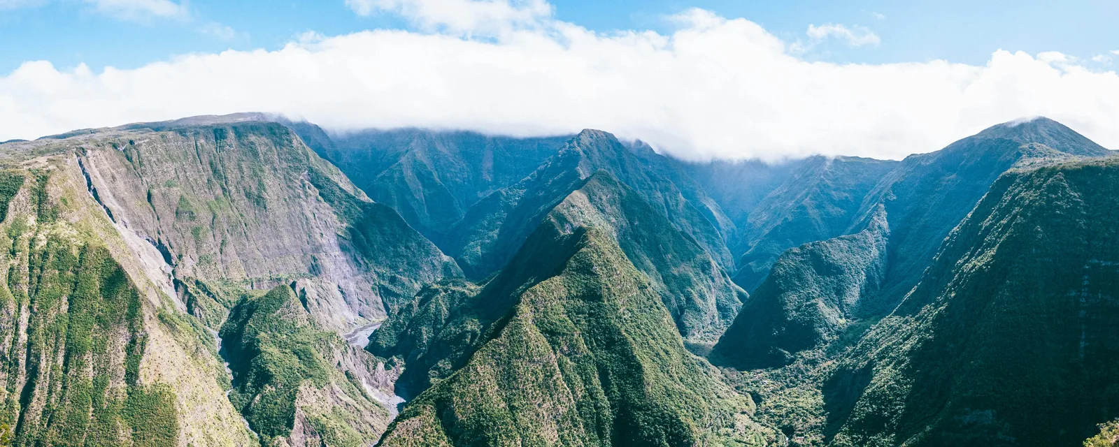Sunlit volcanic cliffs and lush gorge at Belvédère de Bois Court on Réunion