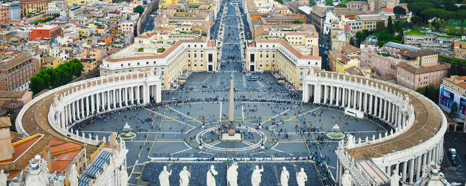 St. Peter’s Square and its sweeping colonnades seen from above in Vatican City