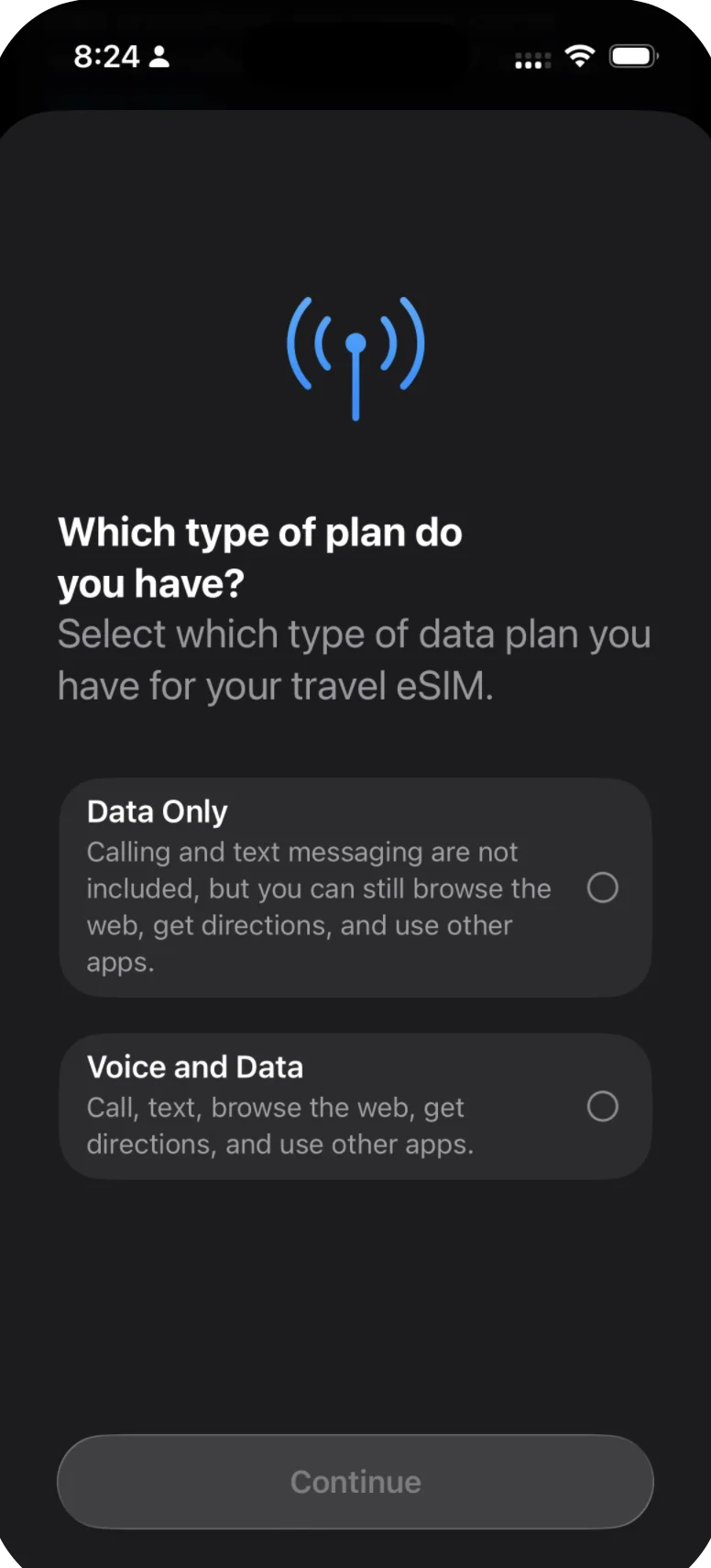 iPhone screen asking Which type of plan with Data Only and Voice and Data options