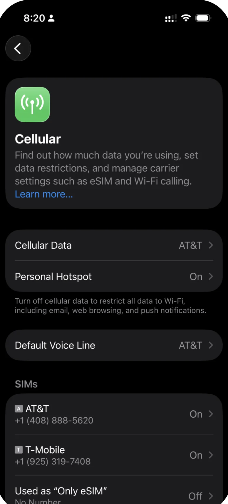 iPhone Cellular settings main screen showing Cellular Data option at the top and SIMs list