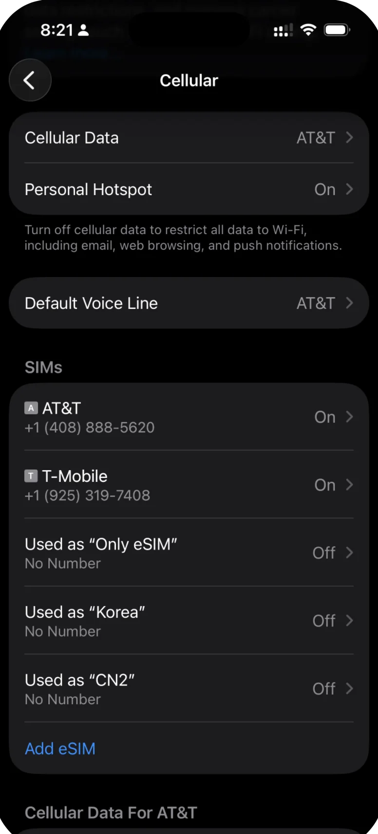 iPhone Cellular settings scrolled down showing all SIM profiles and the Add eSIM button
