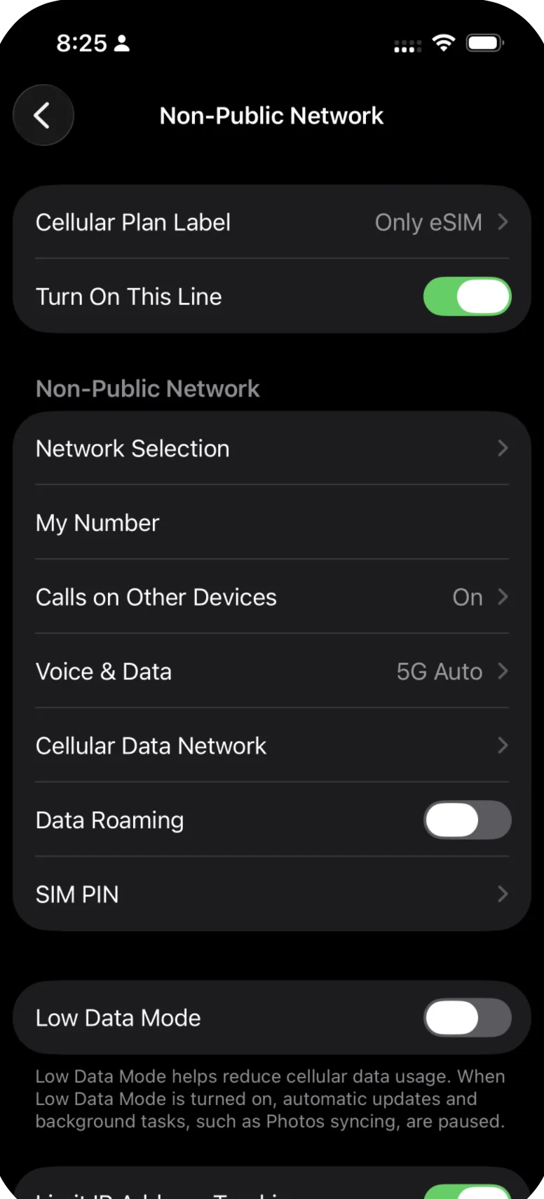 iPhone eSIM detail page showing Data Roaming toggled OFF